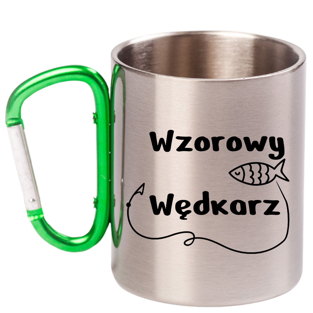 Kubek metalowy 300 ml z zielonym karabińczykiem i nadrukiem „Wzorowy Wędkarz” – wędkarstwo #1