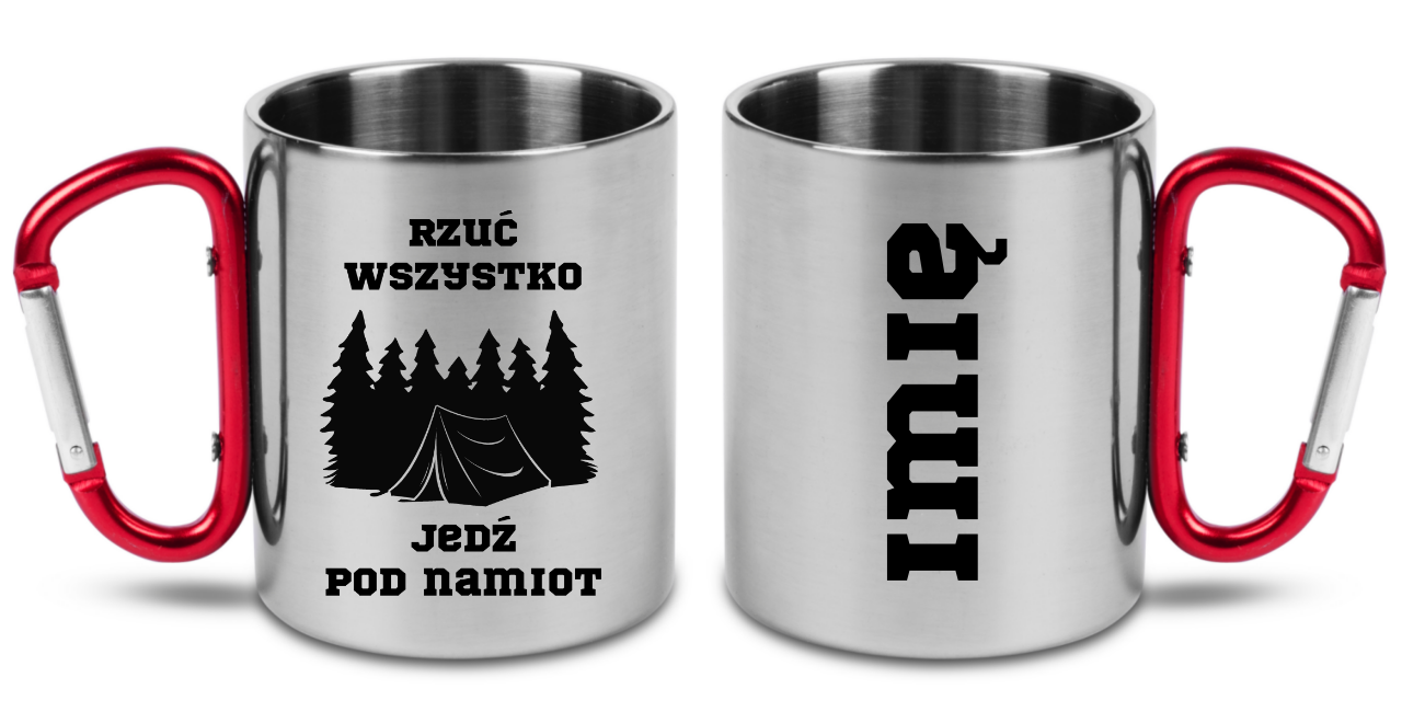 Kubek z czerwonym karabińczykiem i nadrukiem „Rzuć wszystko, jedź pod namiot” – namioty, camping #9