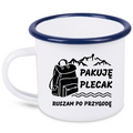 Kubek emaliowany biały z nadrukiem „Pakuję plecak, ruszam po przygodę” – góry #3