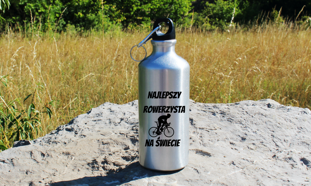 Bidon srebrny 500 ml na rower z nadrukiem "Najlepszy rowerzysta na świecie" – dla rowerzysty #7