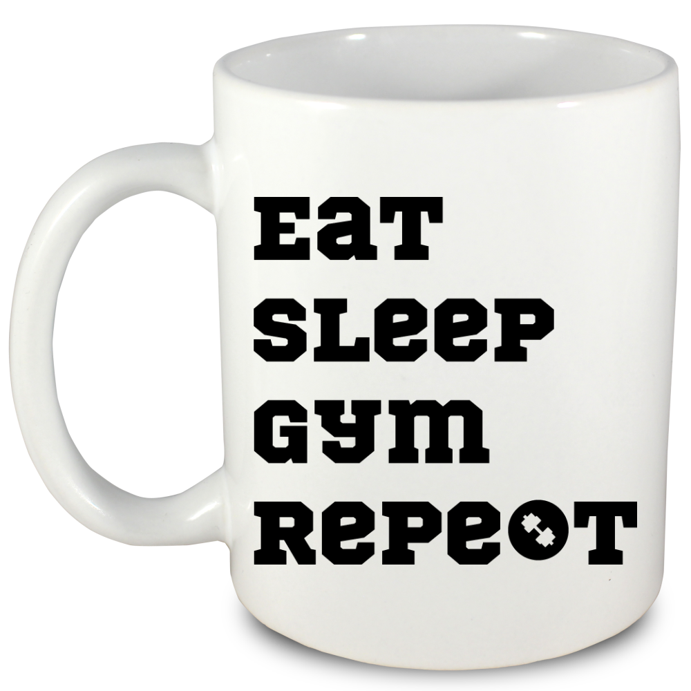 Kubek biały z nadrukiem „Eat Sleep Gym Repeat” – na prezent, siłownia #7
