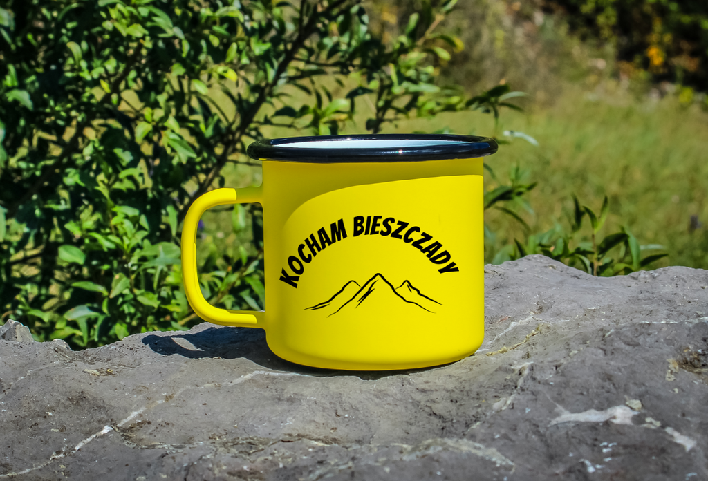 Kubek emaliowany żółty z nadrukiem "Kocham Bieszczady" - góry #2
