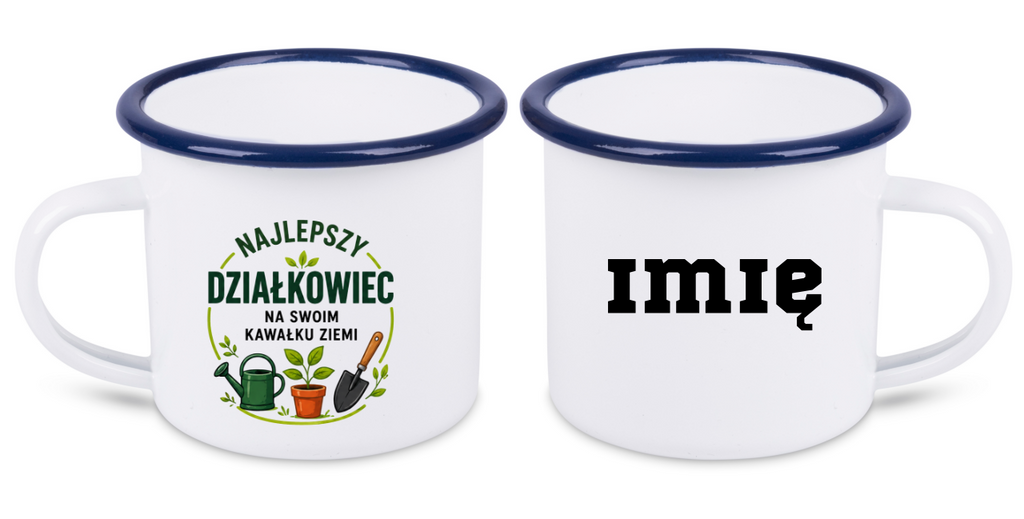 Kubek emaliowany biały z nadrukiem „Najlepszy działkowiec na swoim kawałku ziemi” – ogród, działka #4