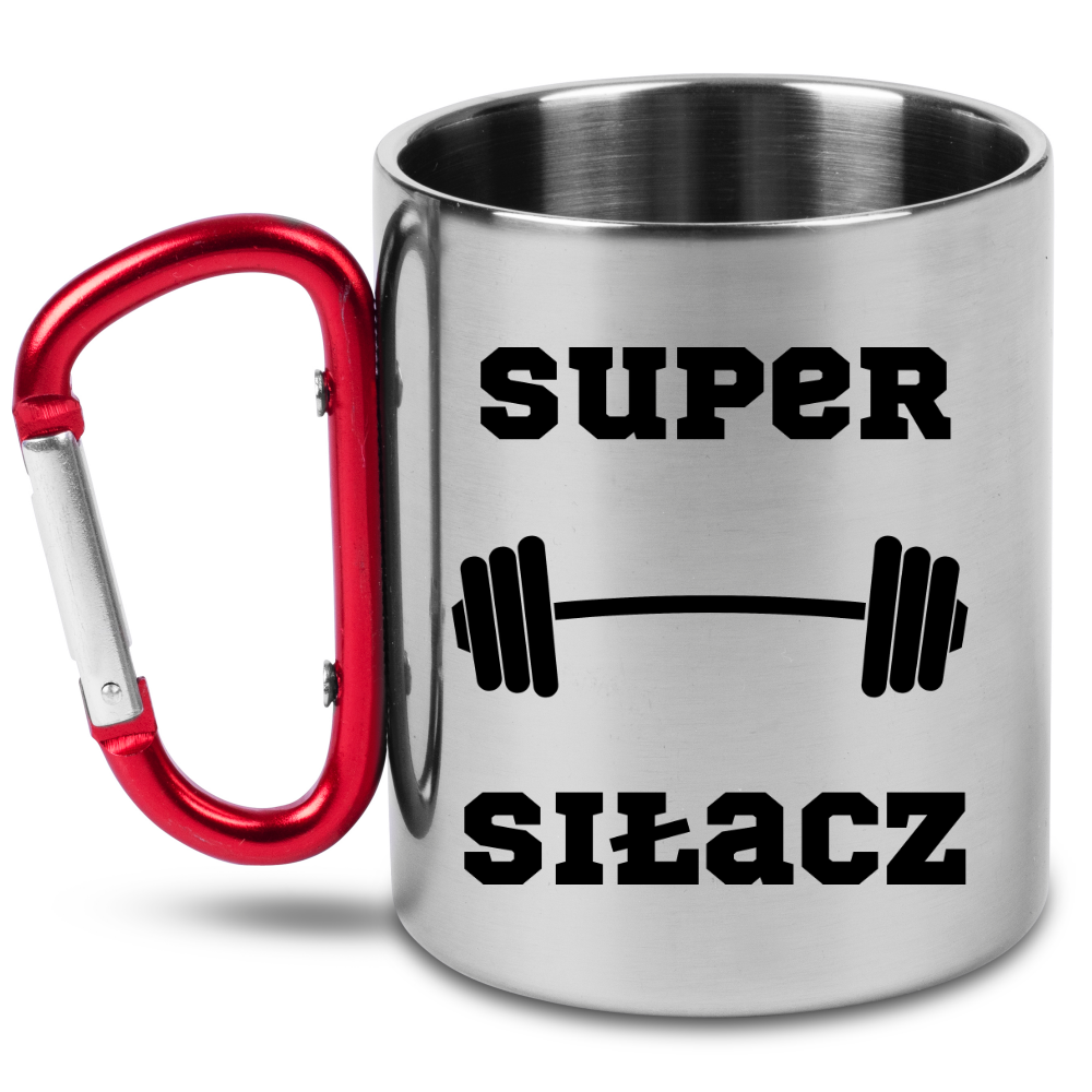 Kubek z czerwonym karabińczykiem i nadrukiem „Super Siłacz” – na siłownię #3