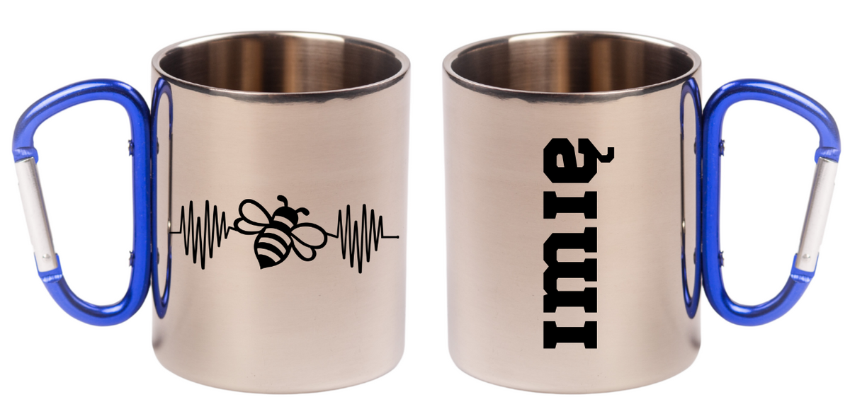 Kubek z niebieskim uchem karabińczykiem z grafiką pszczoły linią życia EKG #2