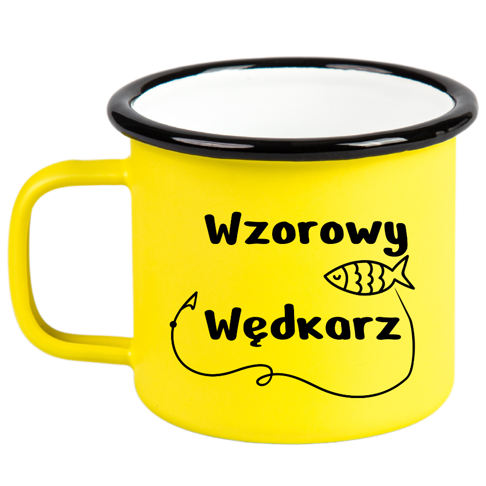 Kubek emaliowany żółty z nadrukiem "Wzorowy Wędkarz" - wędkarstwo #1