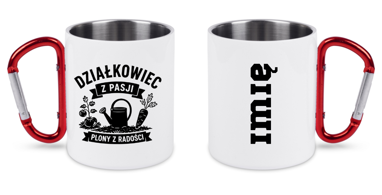 Kubek biały z czerwonym karabińczykiem „Działkowiec z pasji, plony z radości” – działka, ogród #5