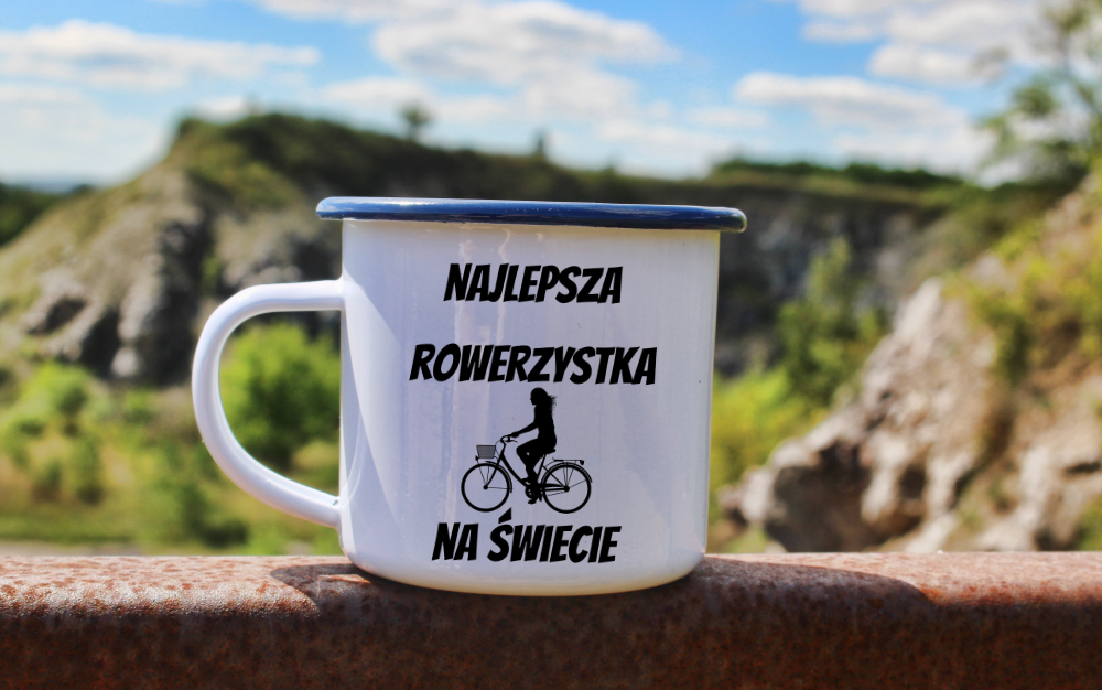 Kubek emaliowany biały z nadrukiem „Najlepsza rowerzystka na świecie” – dla rowerzystki #8