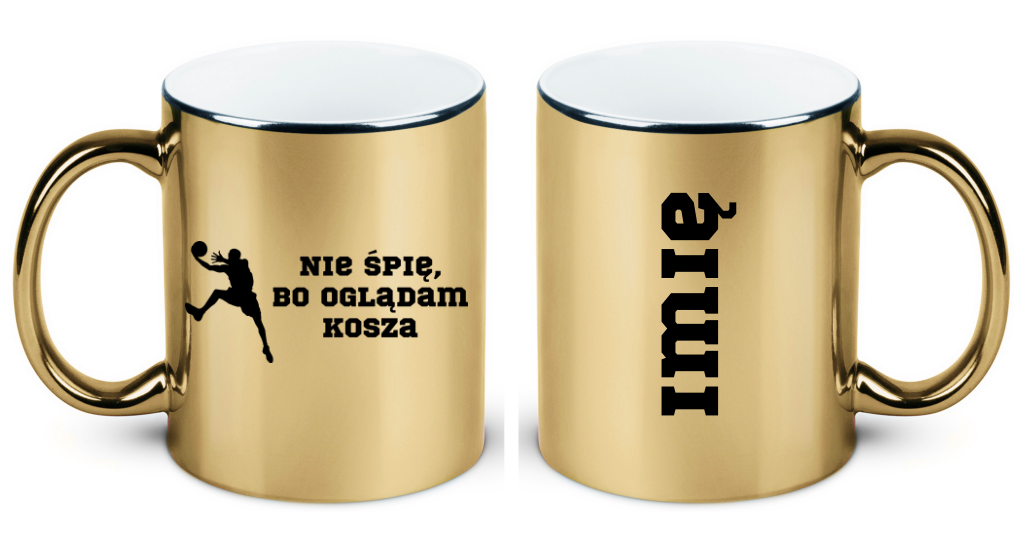 Kubek złoty z nadrukiem "Nie śpię, bo oglądam kosza" – koszykówka #3