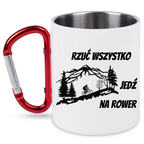 Kubek biały z czerwonym karabińczykiem i nadrukiem „Rzuć wszystko, jedź na rower” – dla rowerzystów #2