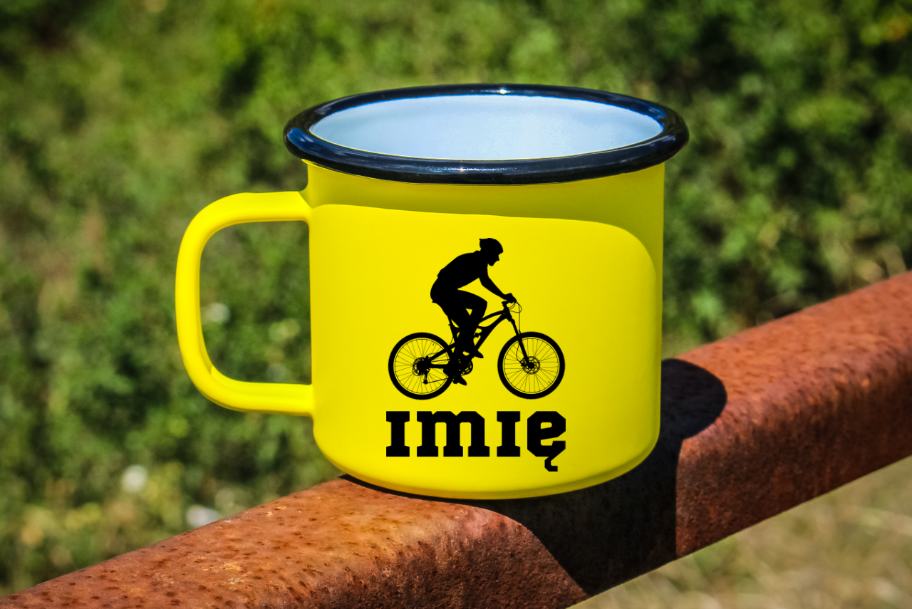 Kubek emaliowany żółty z nadrukiem roweru i imieniem do wyboru – dla rowerzysty #5