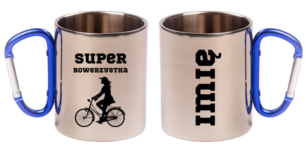 Kubek z niebieskim karabińczykiem, nadruk "Super Rowerzystka" – dla rowerzystki #7