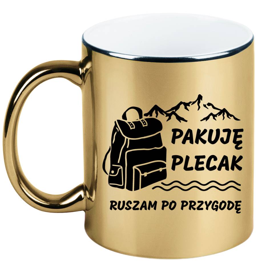 Kubek złoty z nadrukiem „Pakuję plecak, ruszam po przygodę” – trekking, przygoda #3