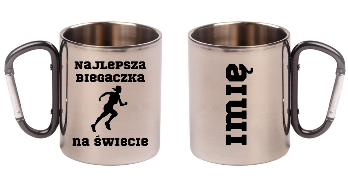 Biegowy kubek z karabińczykiem czarnym i nadrukiem "Najlepsza Biegaczka na Świecie" #2