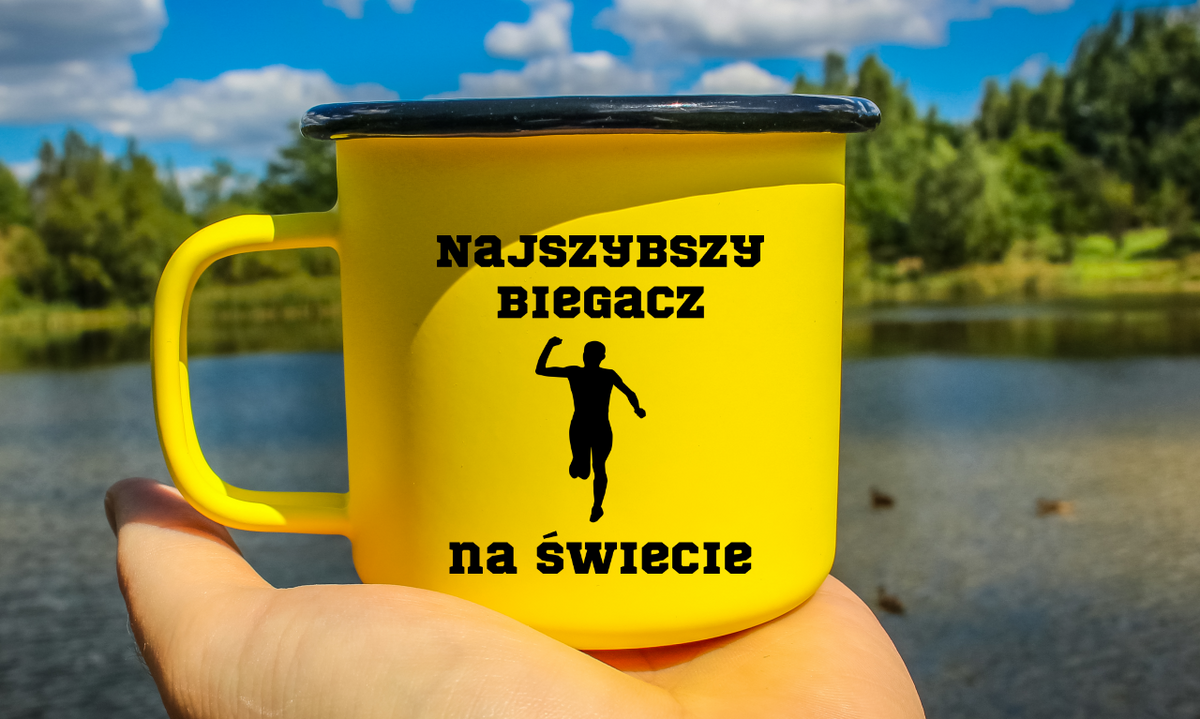 Kubek emaliowany żółty z nadrukiem "Najszybszy Biegacz na Świecie" – bieganie #4