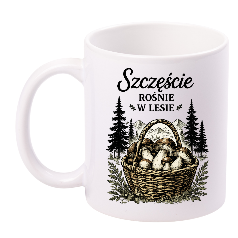 Kubek biały z nadrukiem „Szczęście rośnie w lesie” – grzyby #8