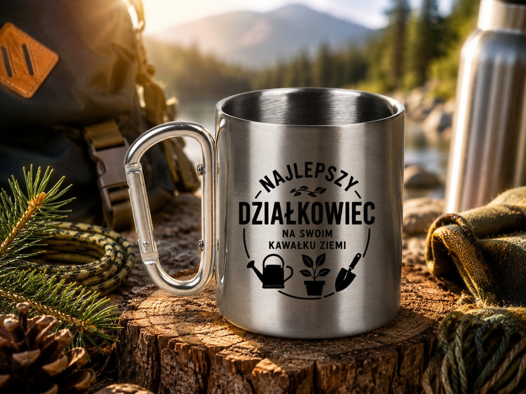 Kubek metalowy z karabińczykiem i nadrukiem „Najlepszy działkowiec na swoim kawałku ziemi” – na działkę #5