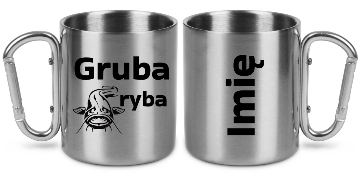 Kubek ze srebrnym karabińczykiem i nadrukiem „Gruba ryba” – wędkarstwo #11