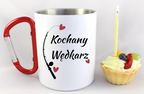Kubek biały z czerwonym karabińczykiem i nadrukiem "Kochany Wędkarz" #2