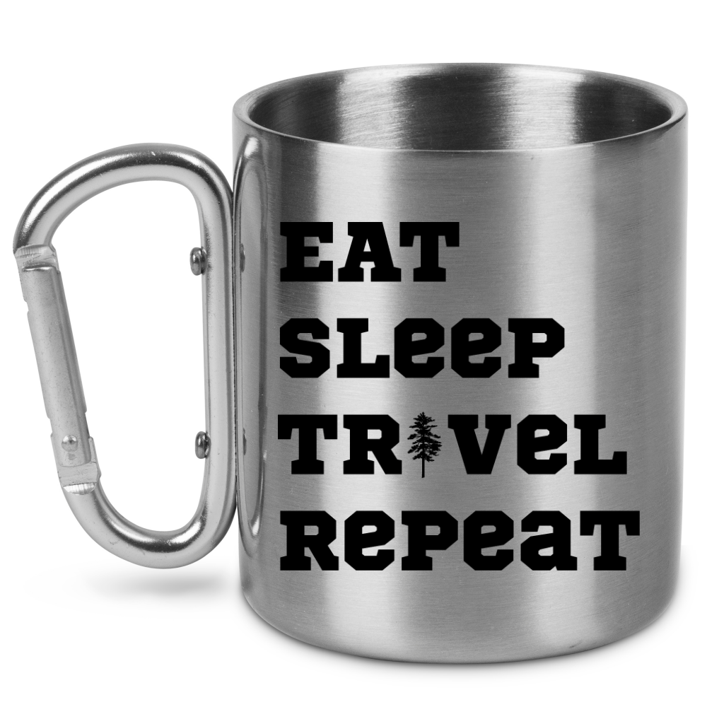 Kubek karabińczyk srebrny z nadrukiem „Eat Sleep Travel Repeat” – podróże, przygoda #5