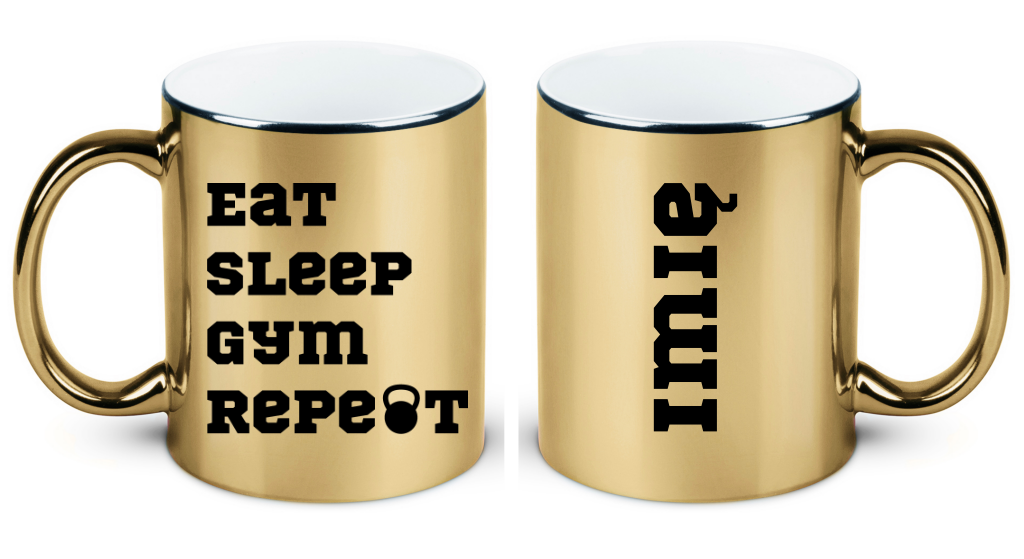 Kubek złoty prezent z nadrukiem "Eat Sleep Gym Repeat" – siłownia #6
