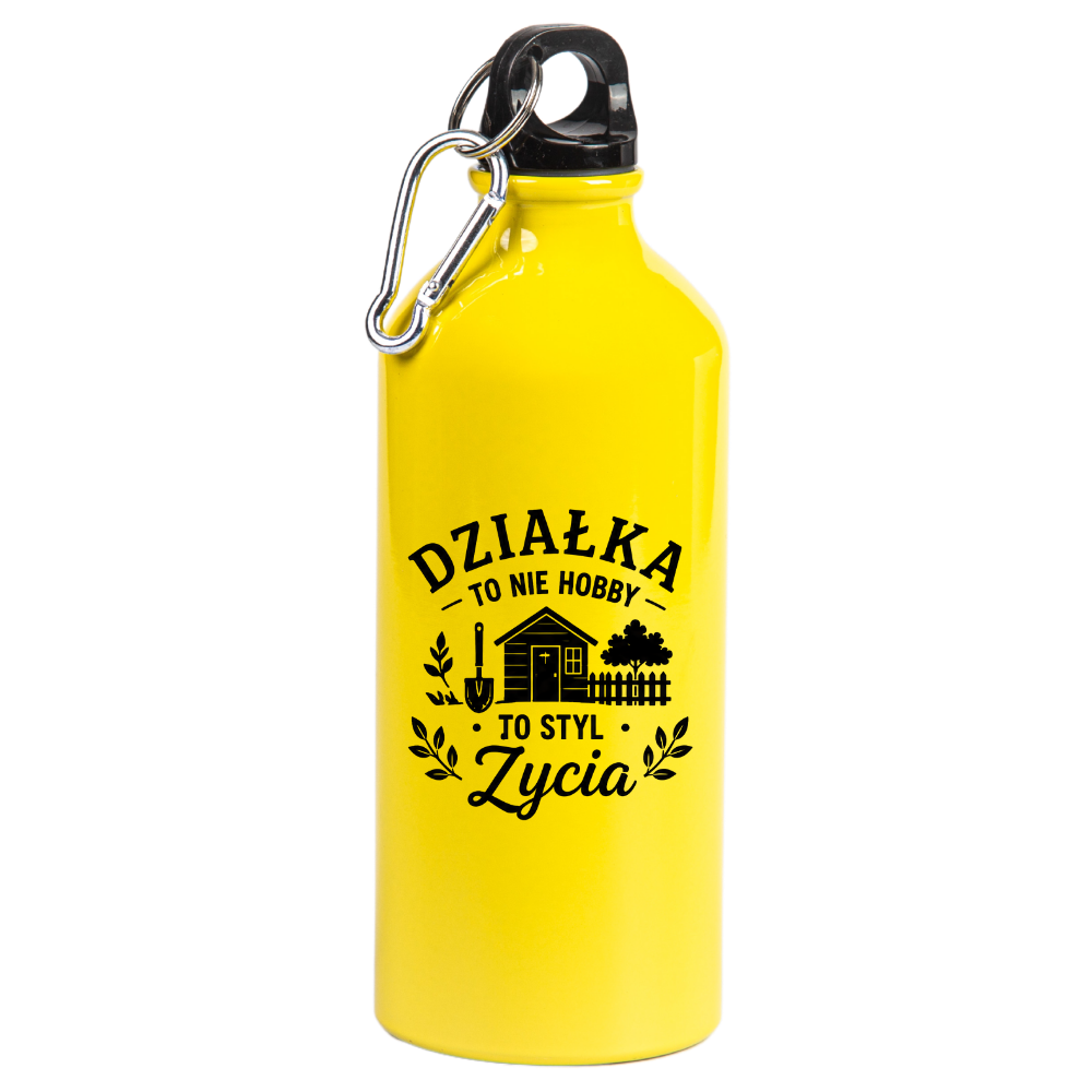 Butelka żółta 600 ml z nadrukiem „Działka to nie hobby, to styl życia” – na działkę #4