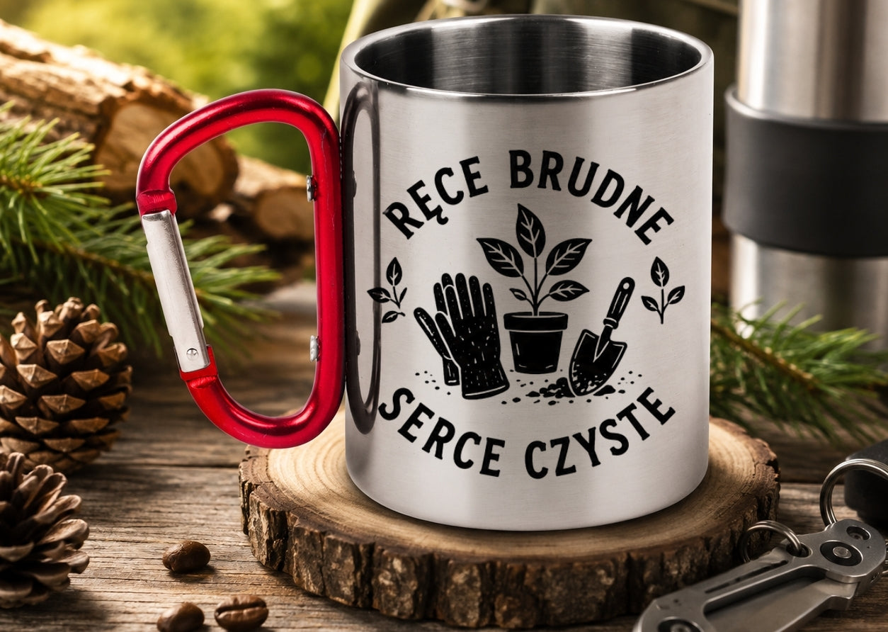 Kubek z czerwonym karabińczykiem „Ręce brudne, serce czyste” – do ogrodu #3
