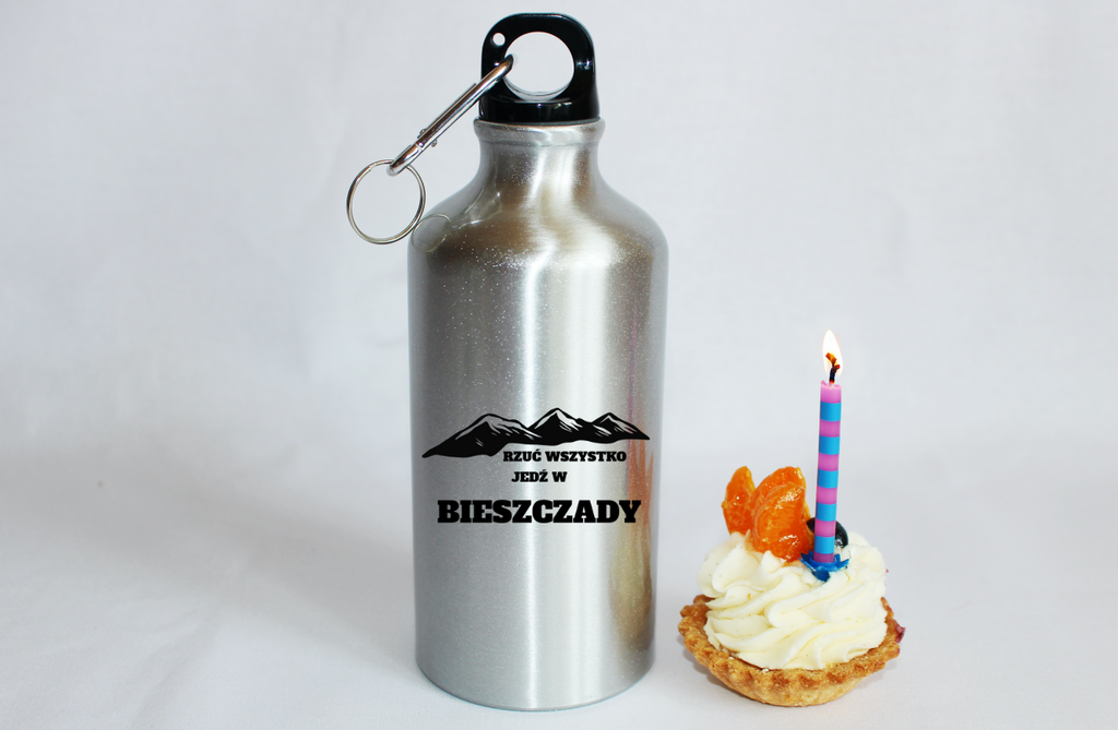 Bidon srebrny 500 ml z grafiką „Rzuć wszystko, jedź w Bieszczady” #1