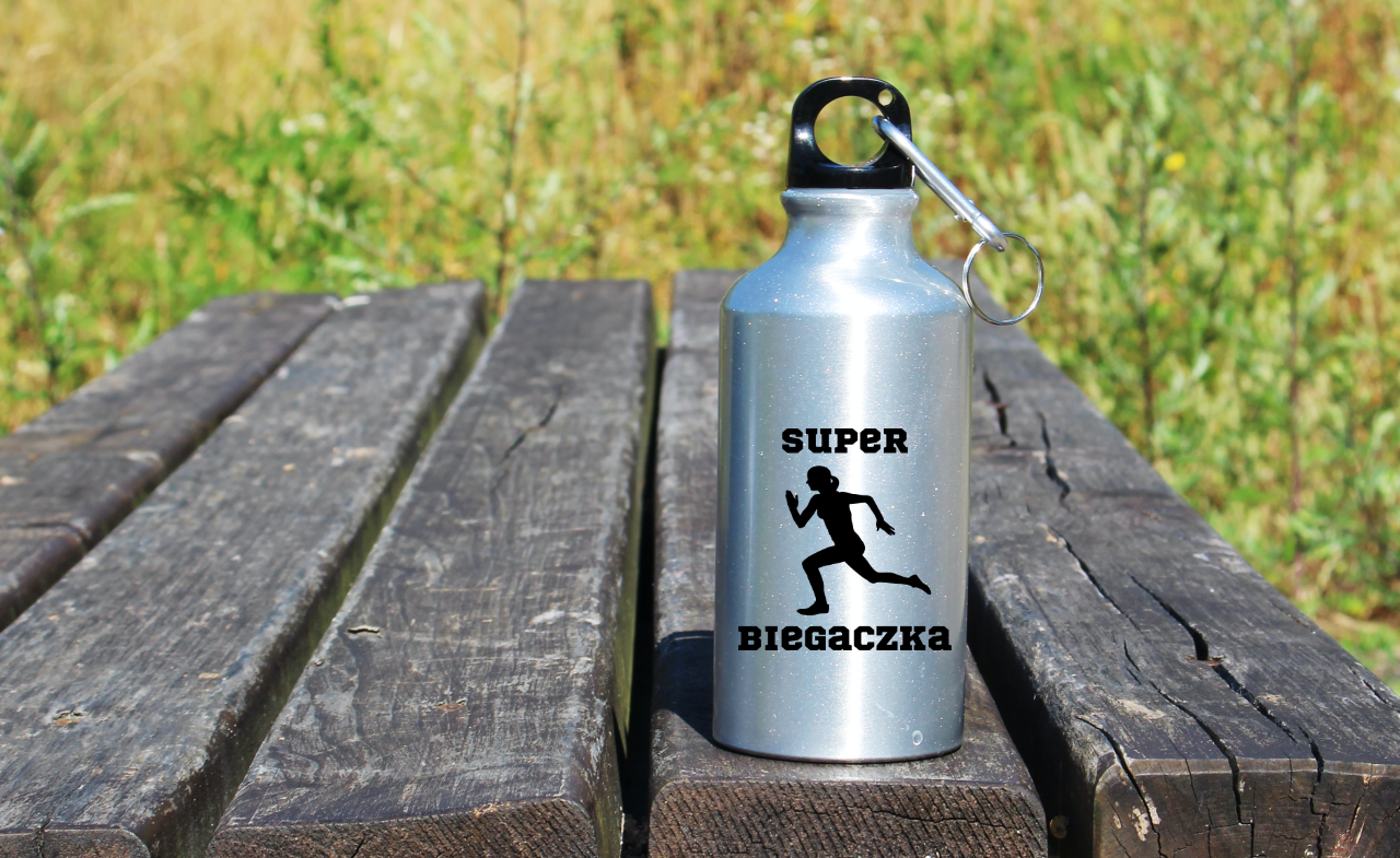 Butelka srebrna 400 ml z nadrukiem "Super Biegaczka" – bieganie #8