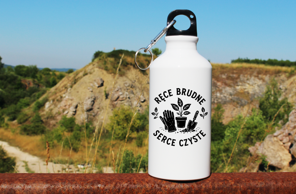 Butelka biała 400 ml z nadrukiem „Ręce brudne, serce czyste” – ogród, działka #7