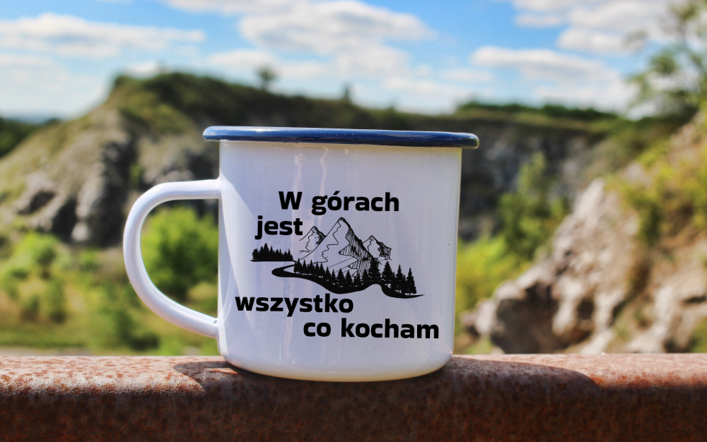 Kubek biały emaliowany z nadrukiem "W górach jest wszystko, co kocham" - góry #4
