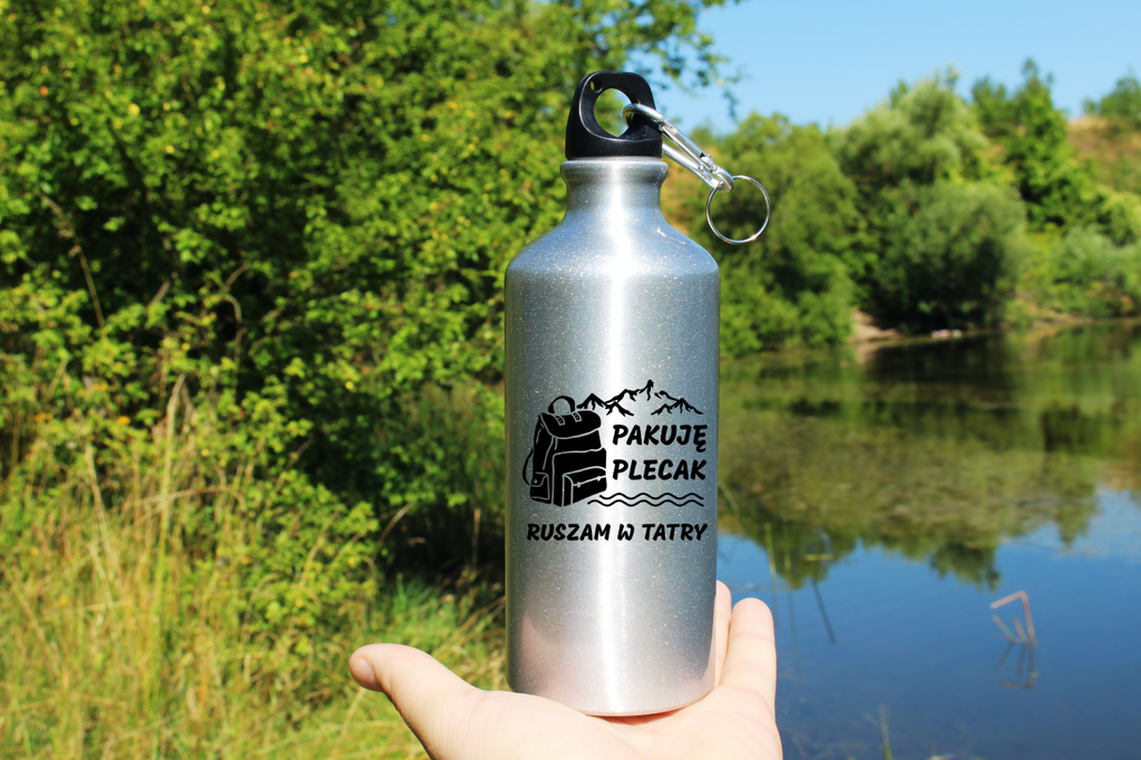 Bidon srebrny 500 ml z nadrukiem "Pakuję plecak, ruszam w Tatry" - Podhale, Zakopane, góry #1