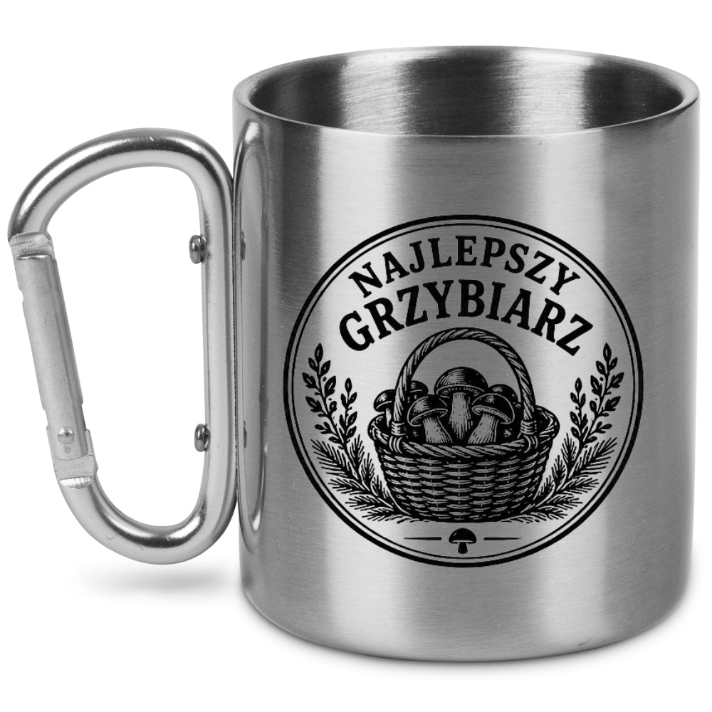 Kubek metalowy z karabińczykiem i nadrukiem „Najlepszy Grzybiarz” – na grzyby #2