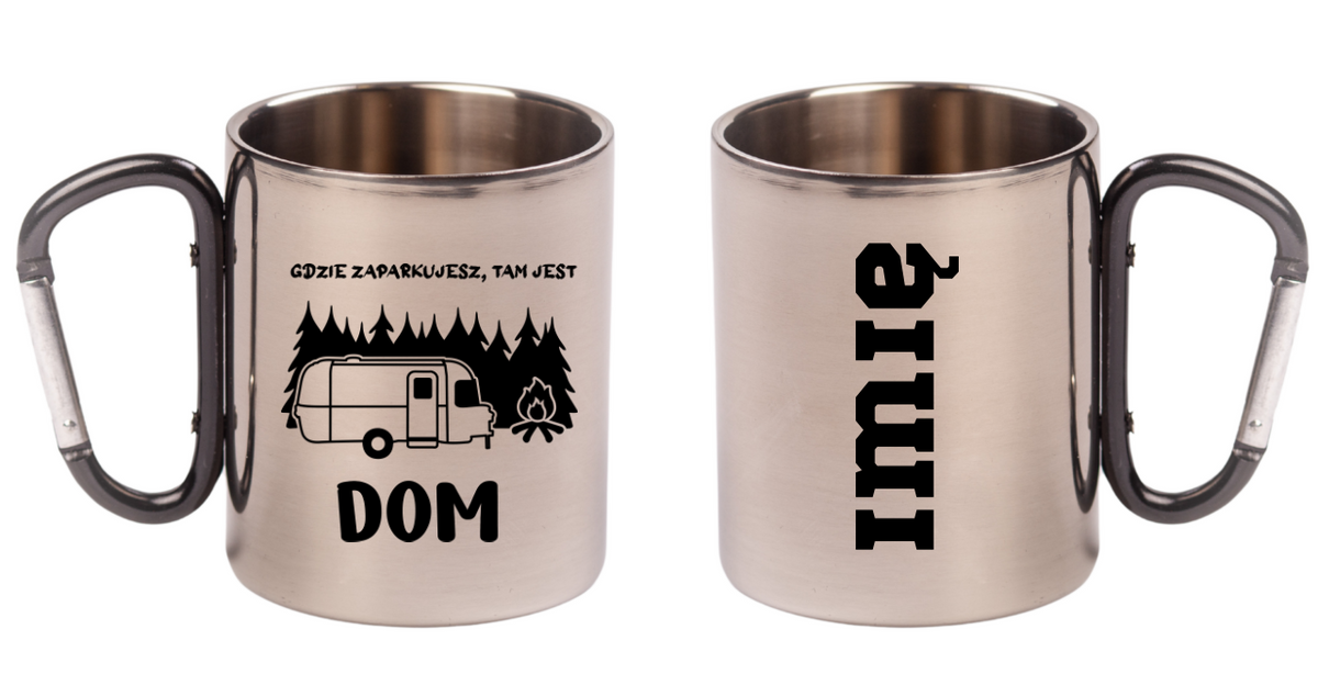 Kubek z czarnym karabińczykiem, nadrukiem "Gdzie zaparkujesz, tam jest dom" – camping, camper #5