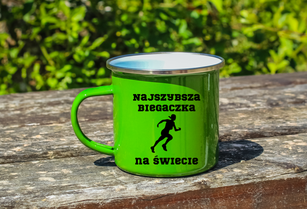 Kubek emaliowany zielony z nadrukiem "Najszybsza Biegaczka na Świecie" – bieganie #3