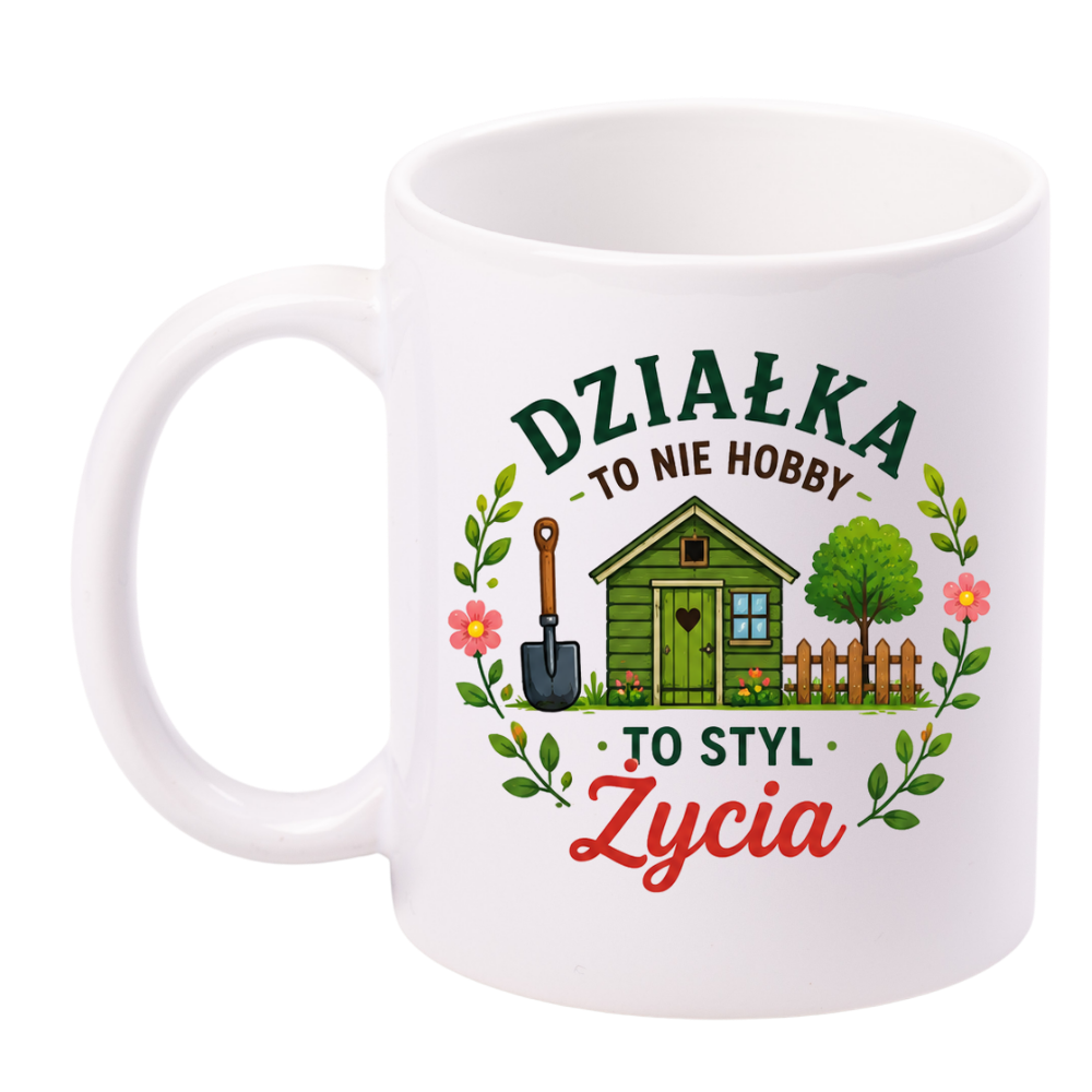 Kubek biały z nadrukiem „Działka to nie hobby, to styl życia” – ogród, działka #2