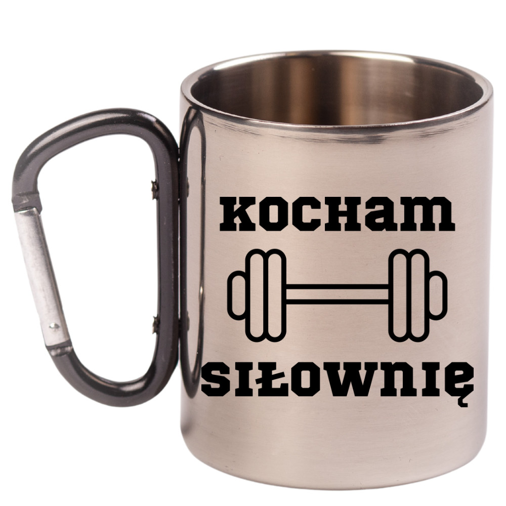 Kubek czarny karabińczyk z nadrukiem "Kocham Siłownię" – siłownia #1