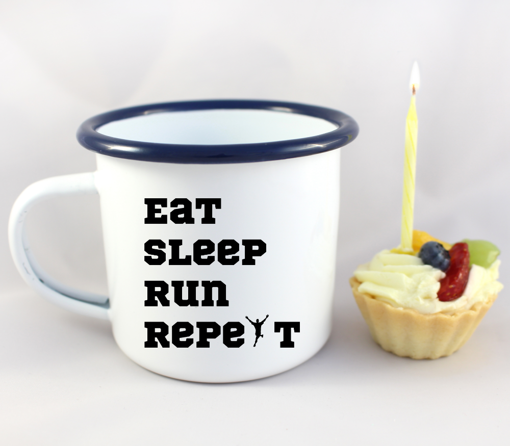 Kubek emaliowany prezent dla biegacza – napis "Eat Sleep Run Repeat" – bieganie #12