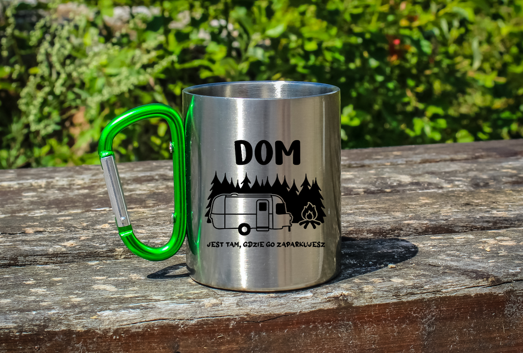Kubek z zielonym karabińczykiem i nadrukiem "Dom jest tam, gdzie go zaparkujesz" - camper, camping #6