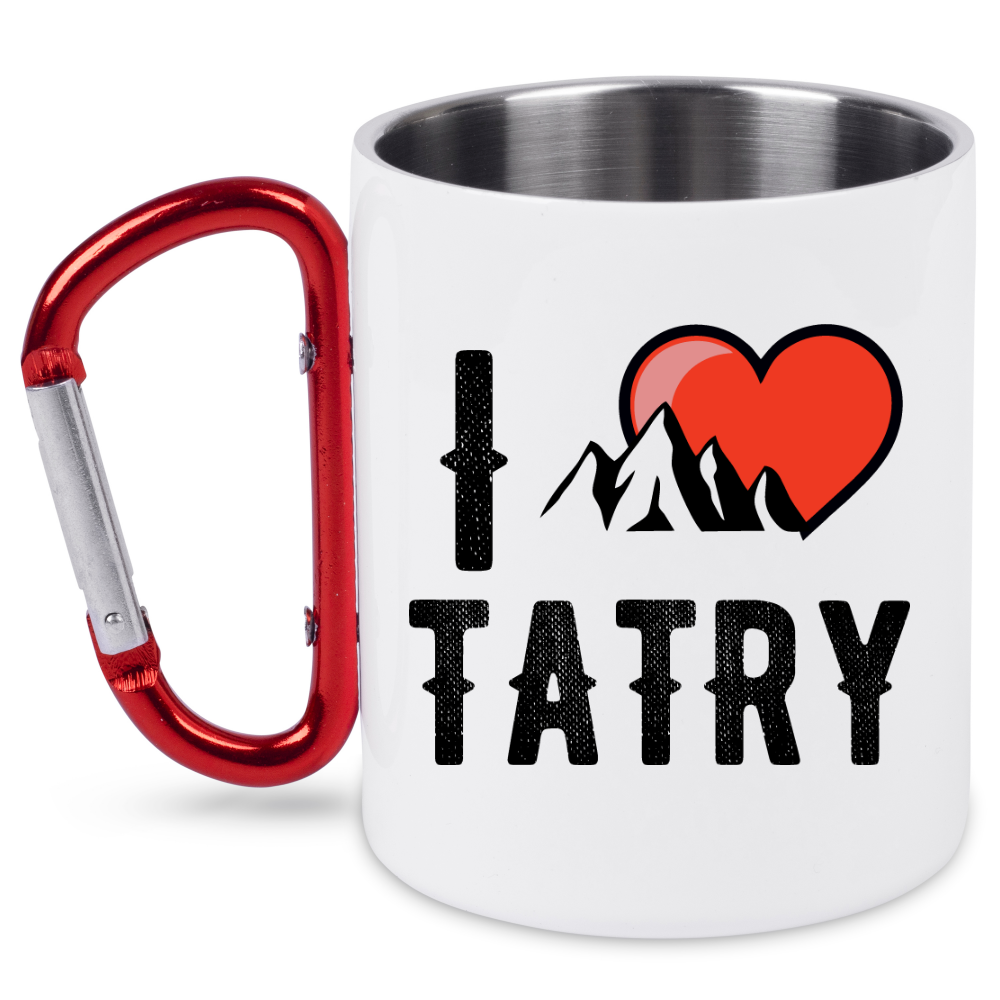 Kubek biały z czerwonym karabińczykiem, nadruk „I love Tatry” – góry #10