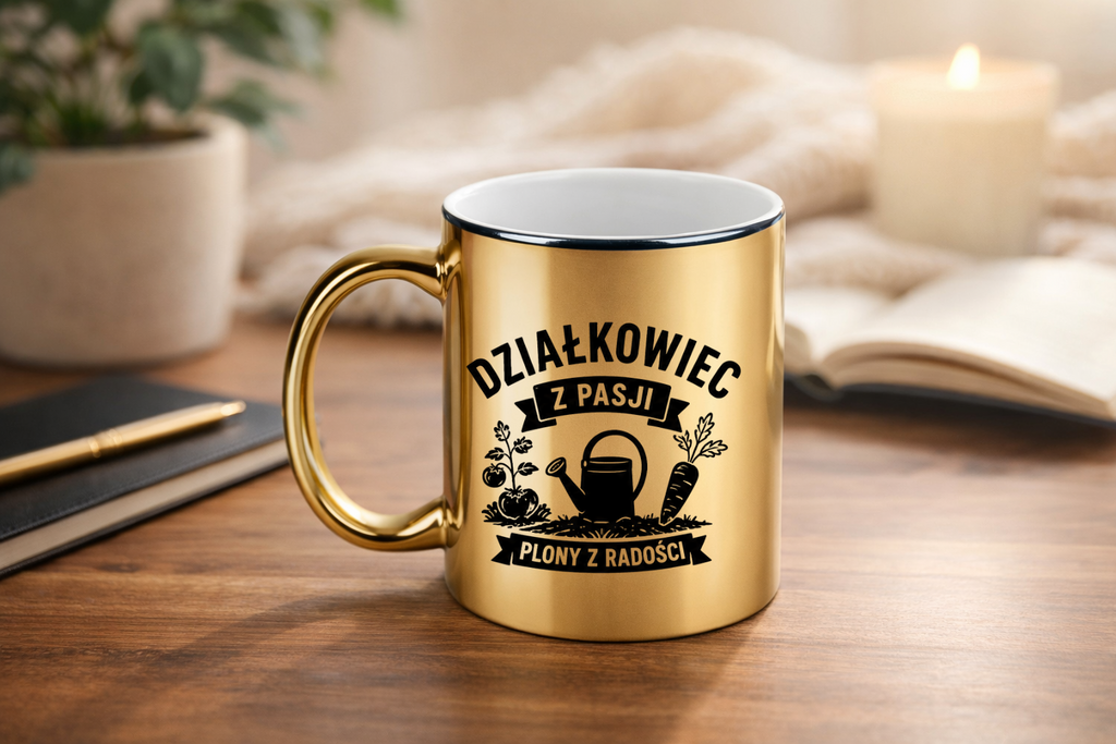 Kubek złoty z nadrukiem "Działkowiec z pasji, plony z radości" - działka, ogród #1