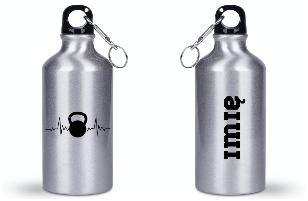 Bidon srebrny 400 ml z grafiką kettlebell i linia życia – siłownia #4