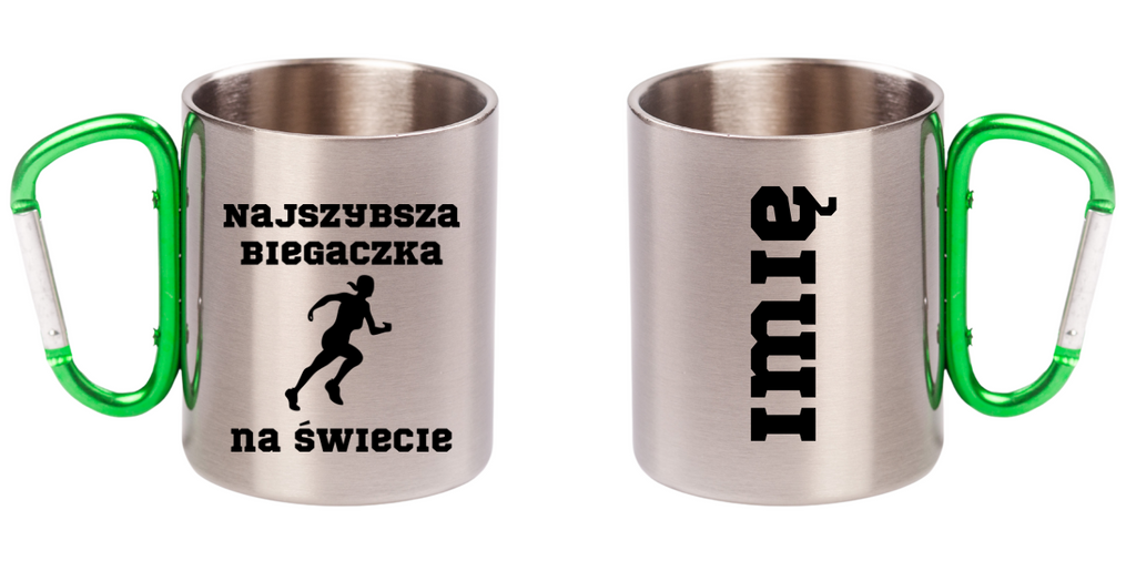 Kubek z karabińczykiem zielonym z nadrukiem "Najszybsza Biegaczka na Świecie" – bieganie #3
