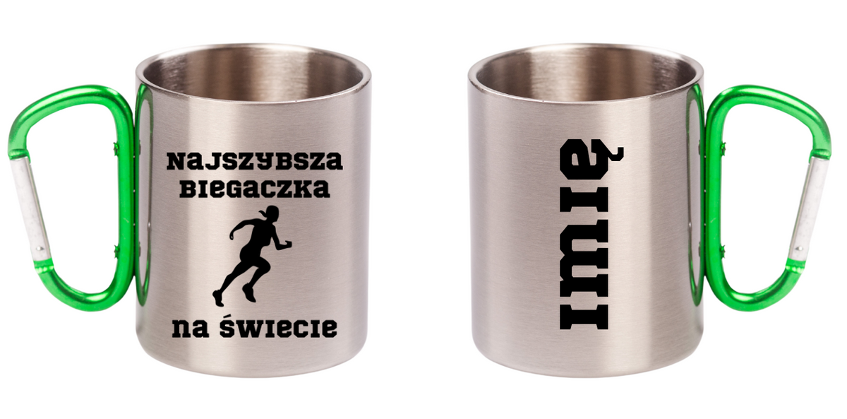 Kubek z karabińczykiem zielonym z nadrukiem "Najszybsza Biegaczka na Świecie" – bieganie #3