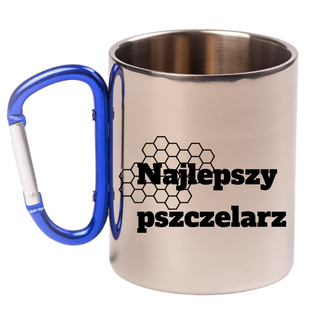 Kubek z niebieskim uchem karabińczykiem z nadrukiem "Najlepszy pszczelarz" #4