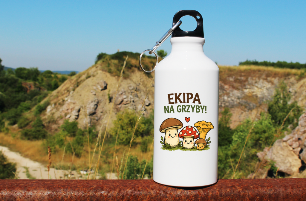 Butelka biała 400 ml z nadrukiem „Ekipa na grzyby” z grafiką grzybów #11