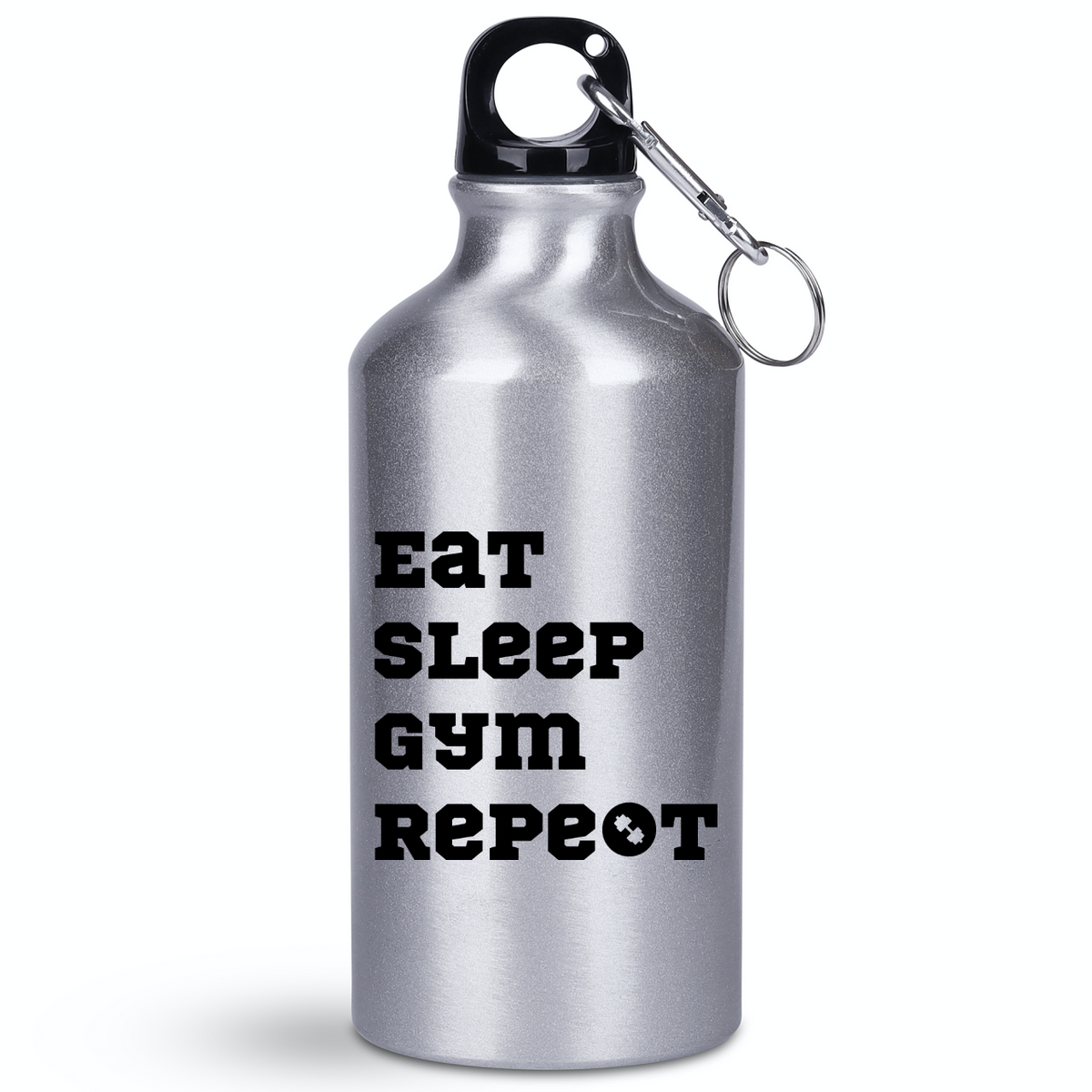 Bidon srebrny 400 ml z nadrukiem „Eat Sleep Gym Repeat” – siłownia #7