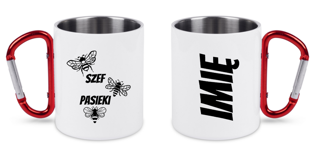 Kubek biały z czerwonym karabińczykiem i nadrukiem „Szef pasieki” – pszczelarstwo #4