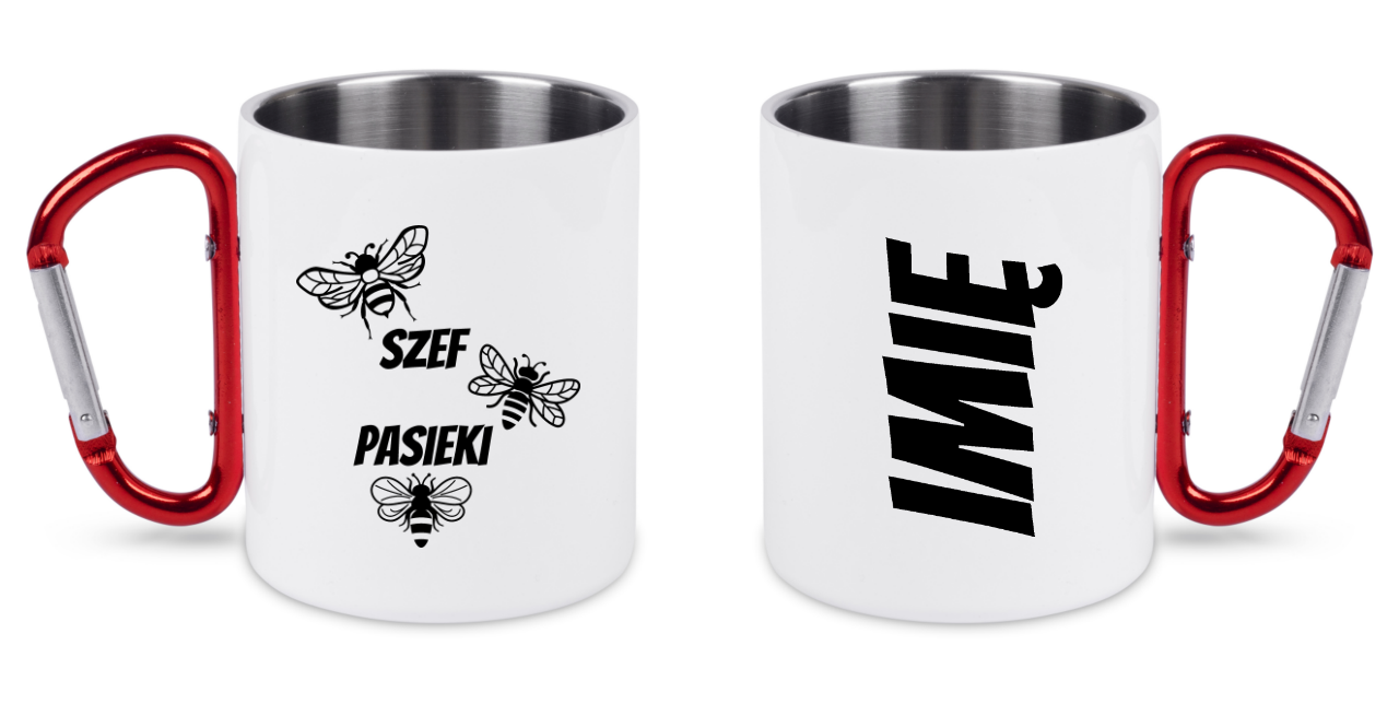 Kubek biały z czerwonym karabińczykiem i nadrukiem „Szef pasieki” – pszczelarstwo #4