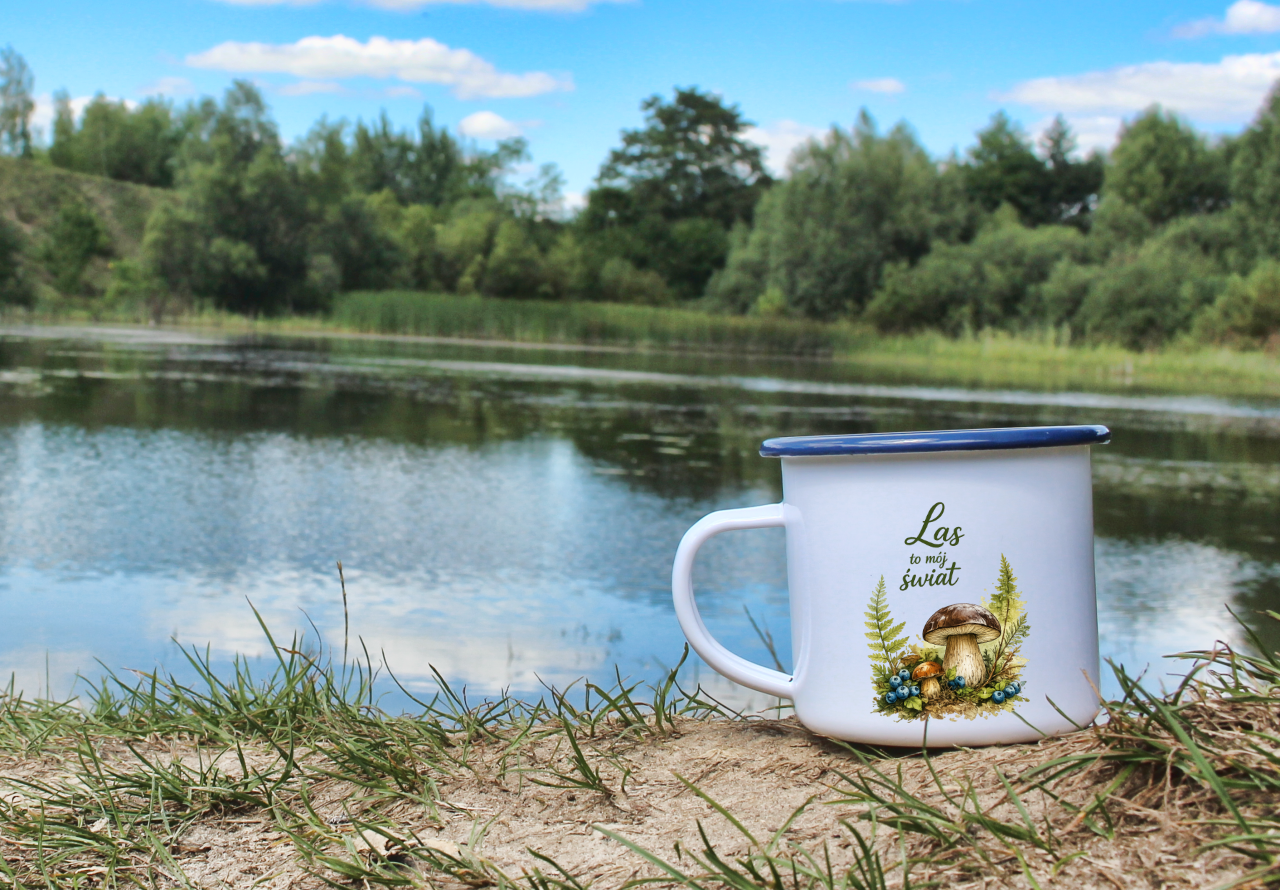 Kubek emaliowany biały z nadrukiem „Las to mój świat” – grzyby, las #9